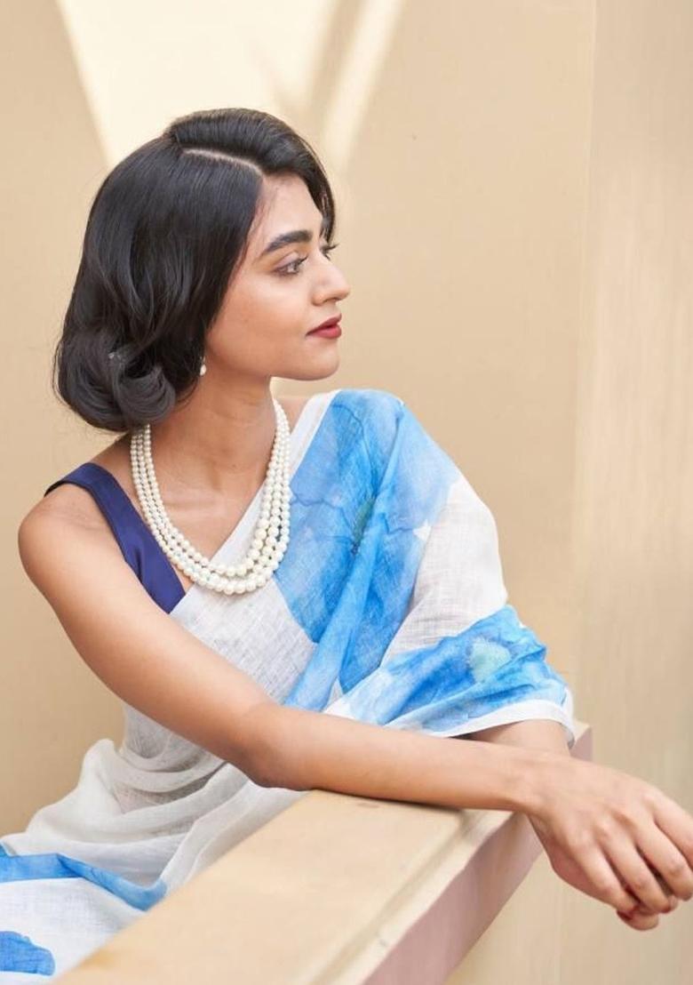 Off White Printed Linen Saree Set - Indya