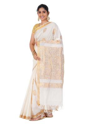 Off White Solid Cotton Saree Set