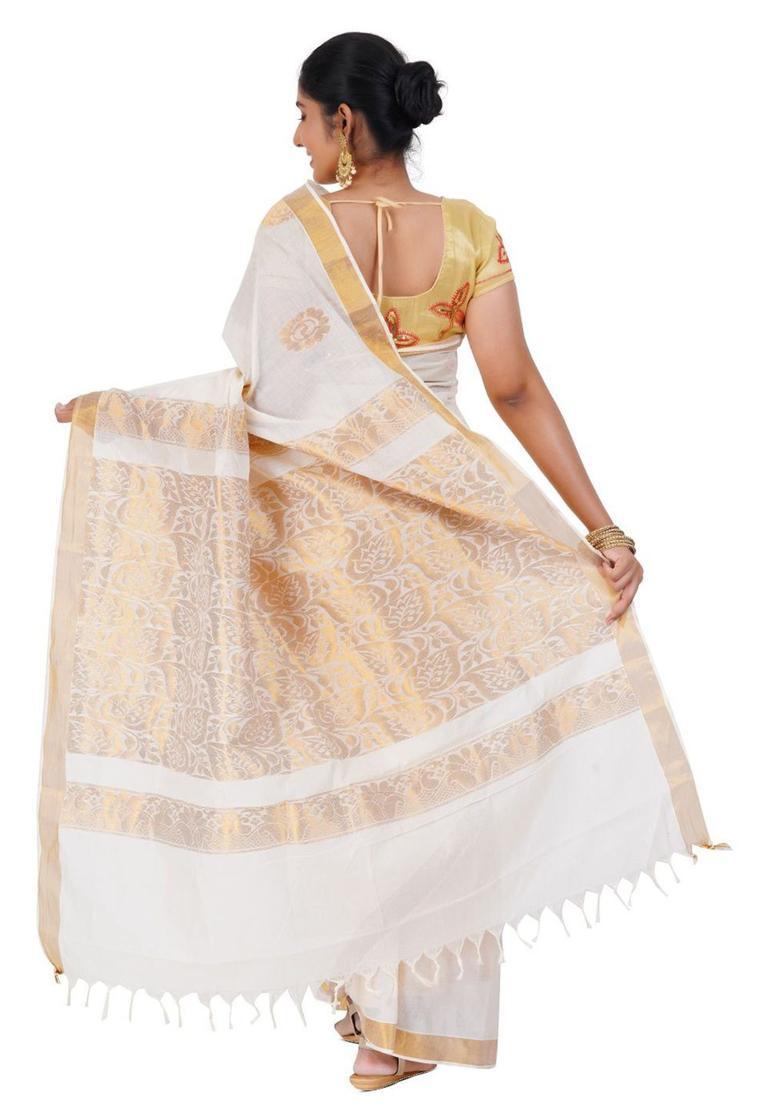 Off White Solid Cotton Saree Set - Indya