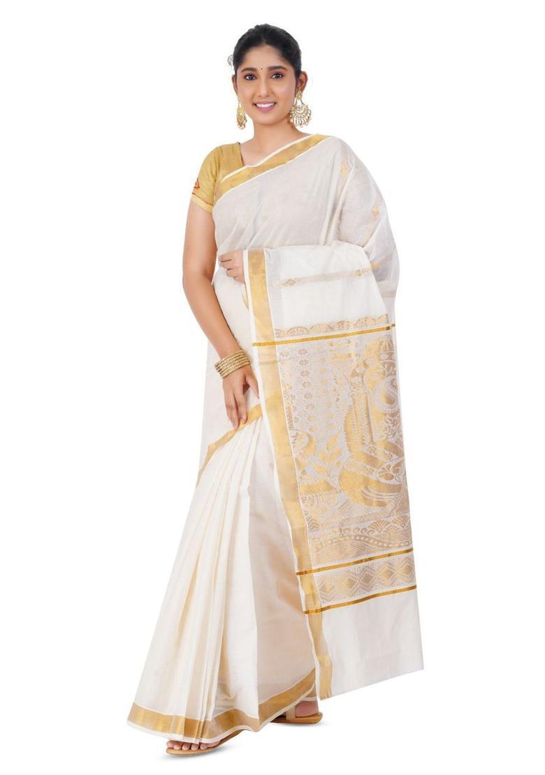 Off White Solid Cotton Saree Set - Indya