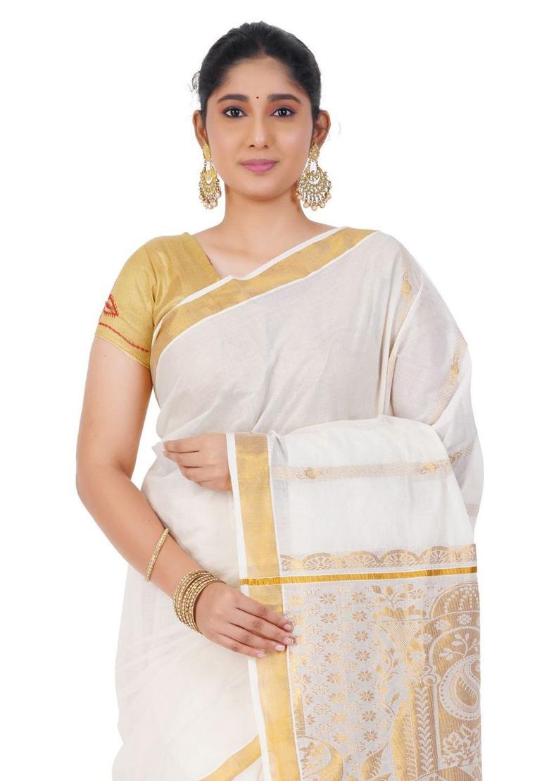 Off White Solid Cotton Saree Set - Indya