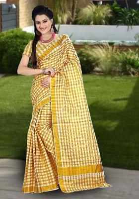 Off White Checked Cotton Saree Set