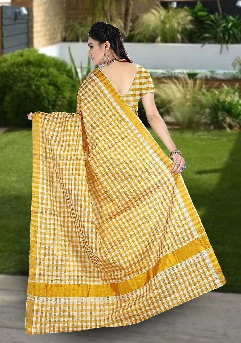 Off White Checked Cotton Saree Set - Indya