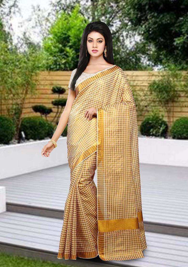Off White Checked Cotton Saree Set for Diwali and Festive Wear - Indya