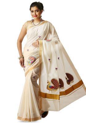 Off White Embroidered Cotton Saree Set