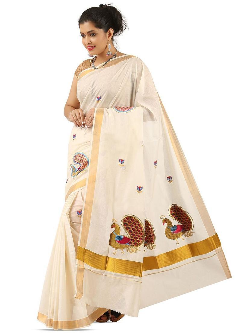 Off White Embroidered Cotton Saree Set - Indya