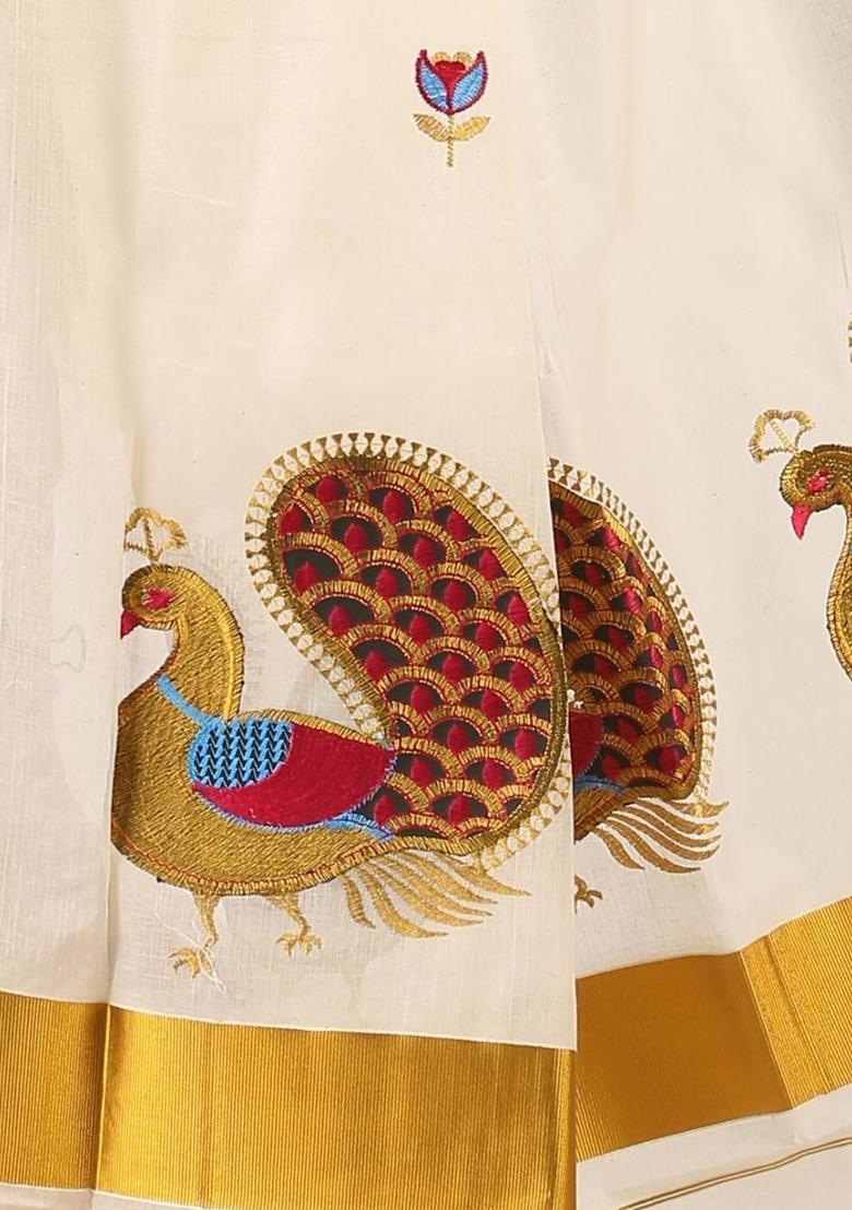 Off White Embroidered Cotton Saree Set - Indya