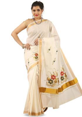 Off White Woven Design Cotton Saree Set