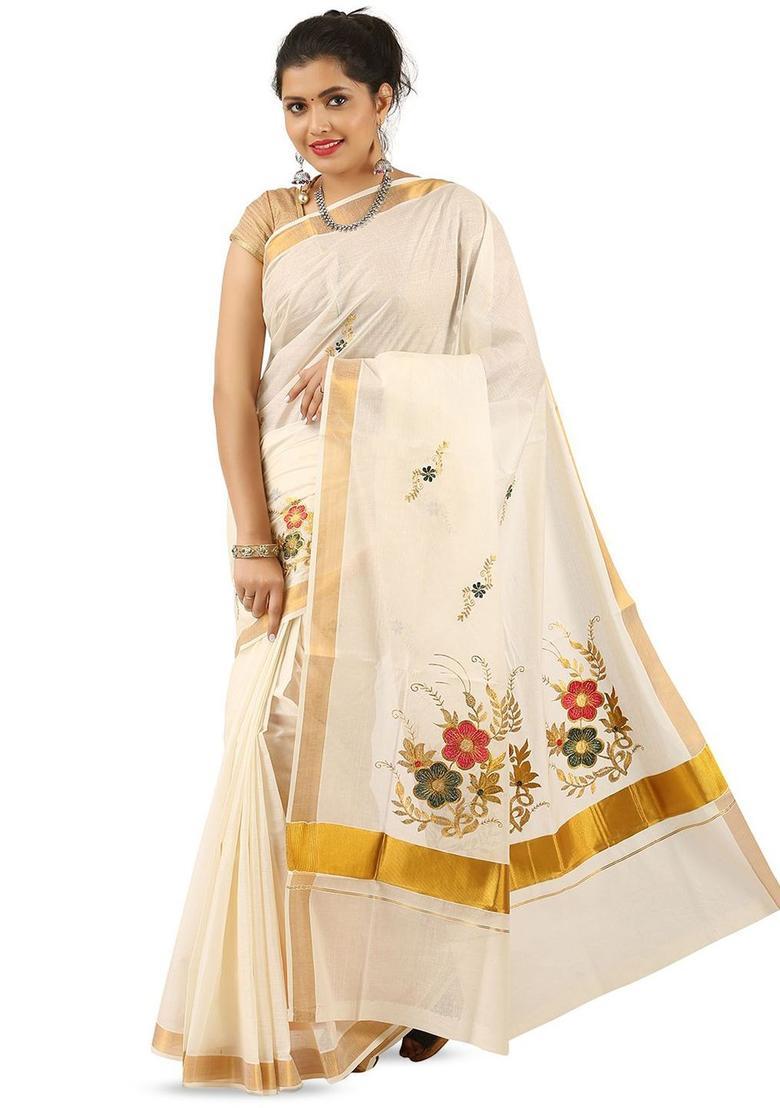 Off White Woven Design Cotton Saree Set - Indya