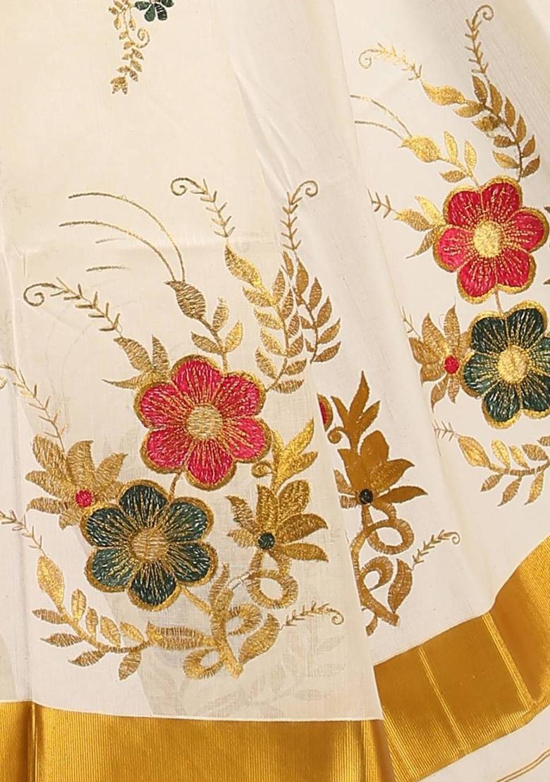 Off White Woven Design Cotton Saree Set - Indya