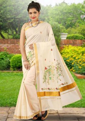 Off White Embroidered Cotton Saree Set