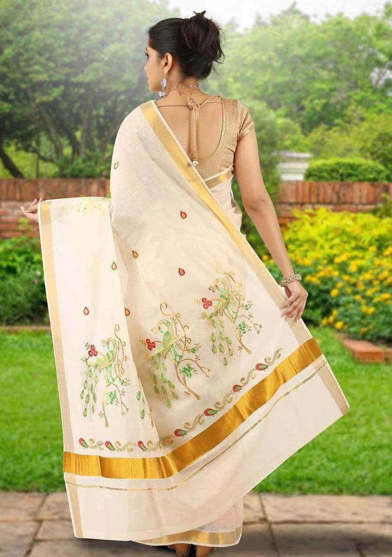 Off White Embroidered Cotton Saree Set - Indya