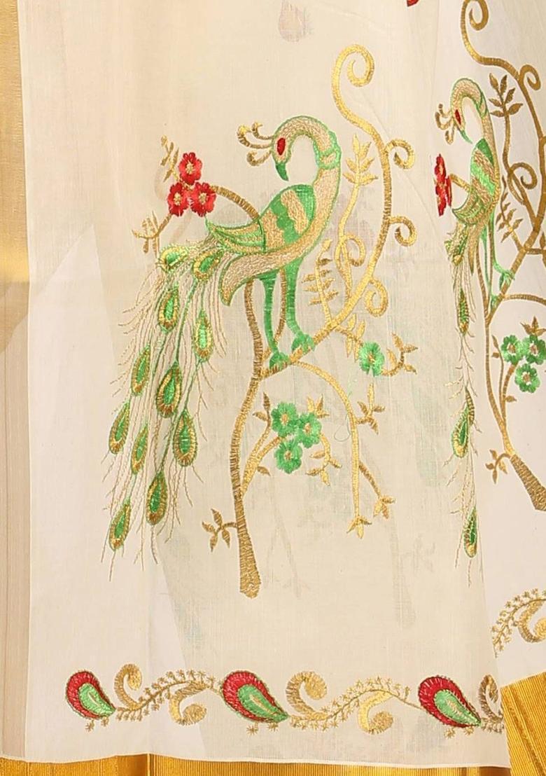 Off White Embroidered Cotton Saree Set - Indya
