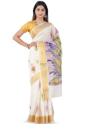 Off White Printed Cotton Saree Set