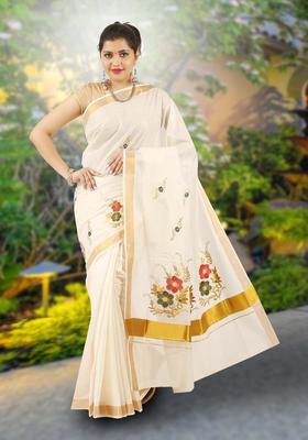 Off White Embroidered Cotton Saree Set