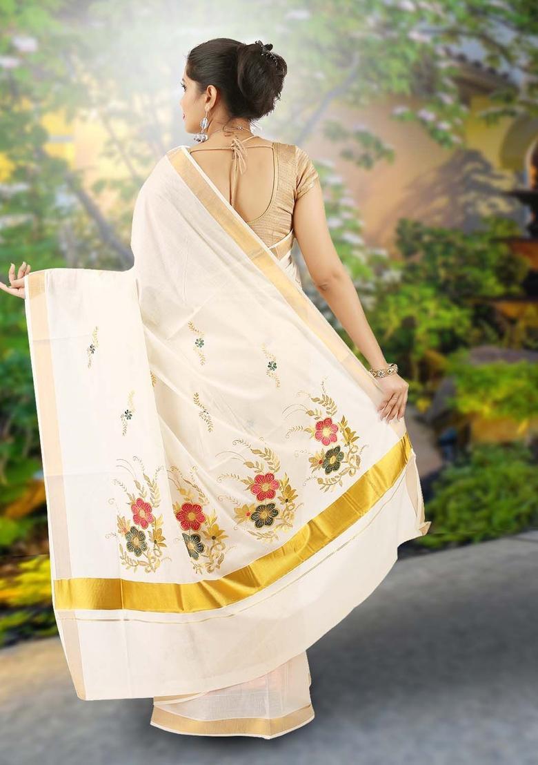 Off White Embroidered Cotton Saree Set - Indya