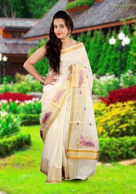 Off White Woven Design Cotton Saree Set