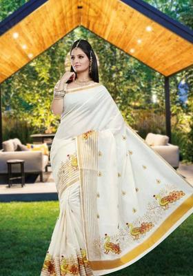 Off White Woven Design Cotton Saree Set