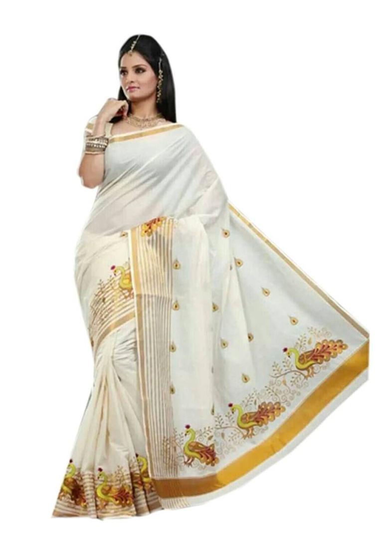 Off White Woven Design Cotton Saree Set - Indya