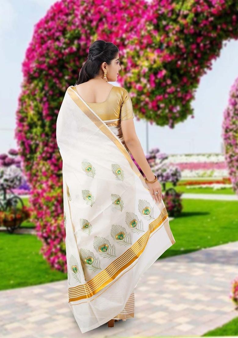 Off White Embroidered Cotton Saree Set - Indya