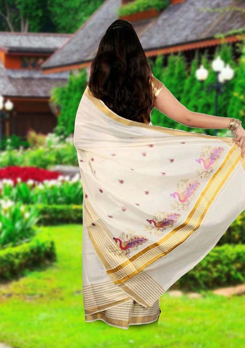 Off White Embroidered Cotton Saree Set - Indya