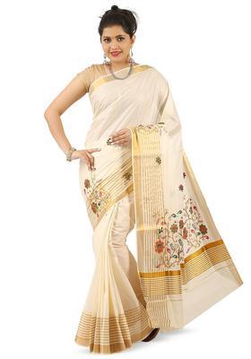 Off White Embroidered Cotton Saree Set