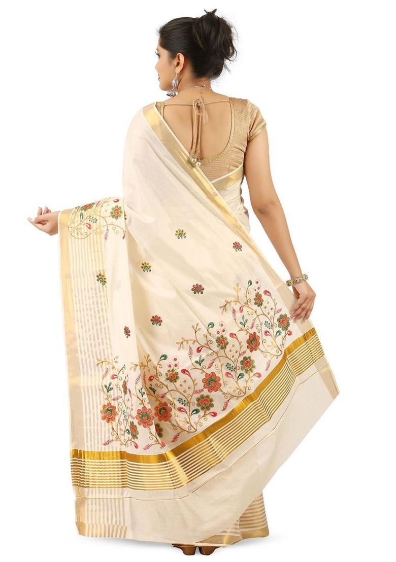 Off White Embroidered Cotton Saree Set - Indya