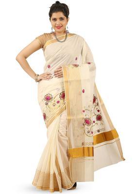 Off White Woven Design Cotton Saree Set
