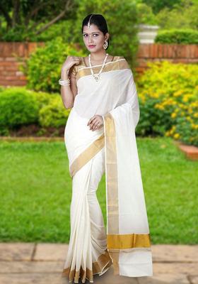 Off White Solid Cotton Saree Set