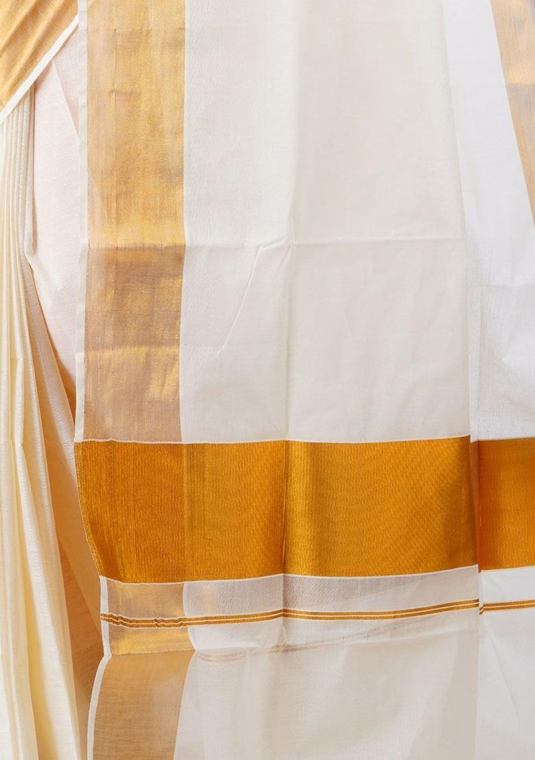 Off White Solid Cotton Saree Set - Indya