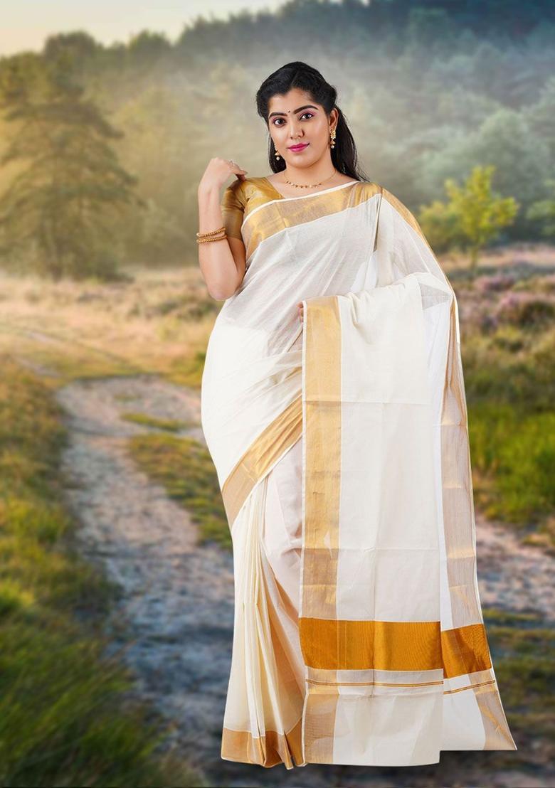 Off White Solid Cotton Saree Set - Indya