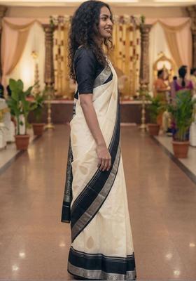 Off White Woven Design Silk Saree Set