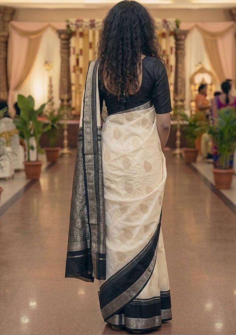 Off White Woven Design Silk Saree Set - Indya