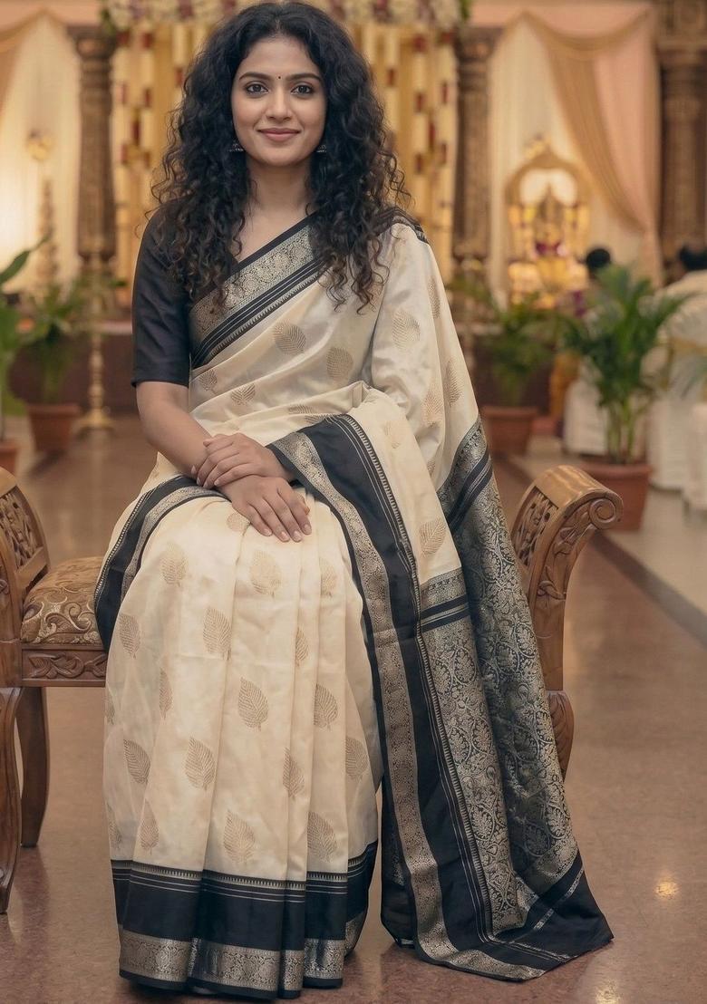 Off White Woven Design Silk Saree Set - Indya