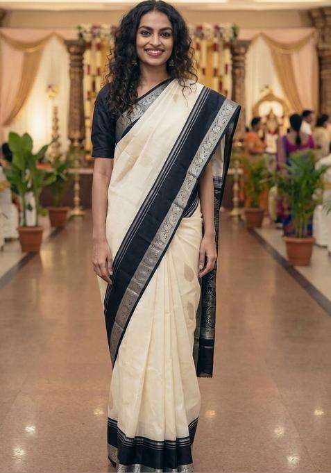 Off White Woven Design Silk Saree Set for Diwali | Wedding & Festive Wear