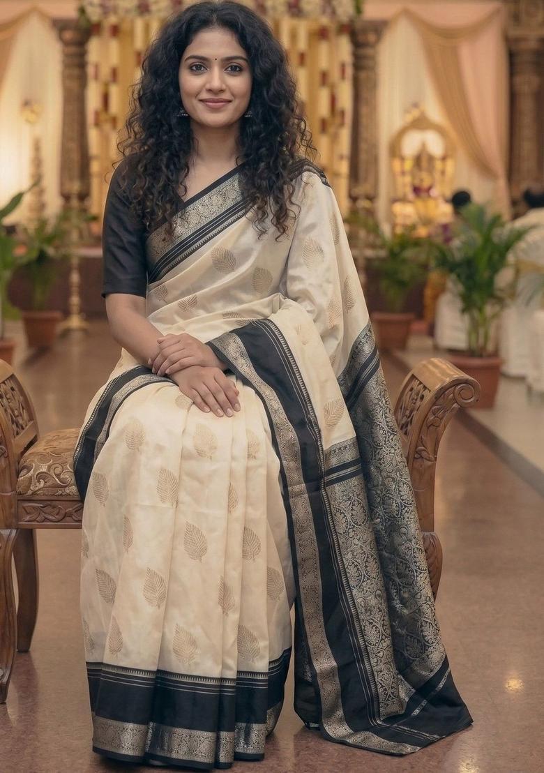 Off White Woven Design Silk Saree Set - Indya