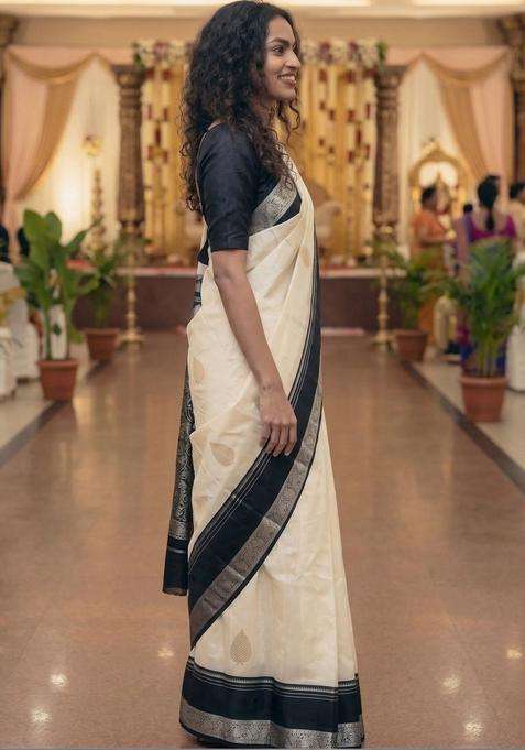 Off White Woven Design Silk Saree Set for Diwali | Wedding & Festive Wear