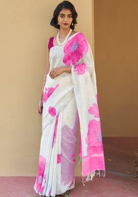 Off White Printed Linen Saree Set