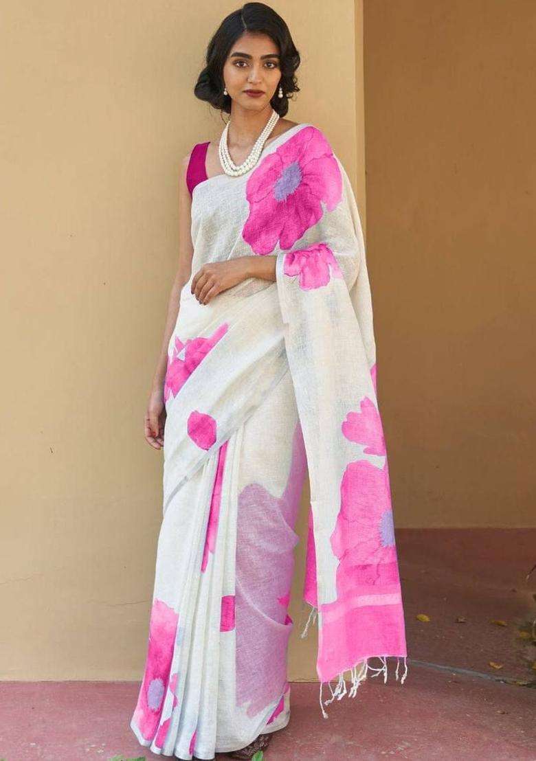 Off White Linen Saree Set with Printed for Diwali | Wedding & Festive Wear - Indya