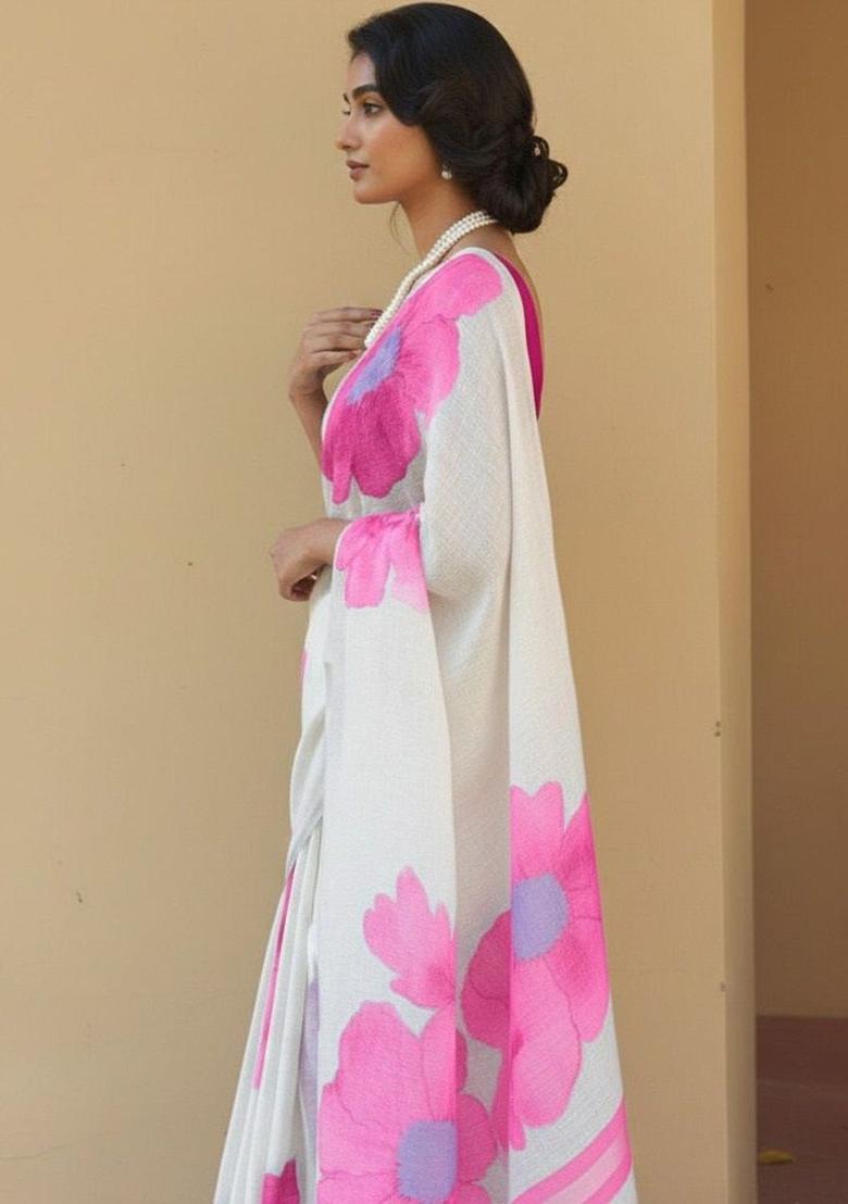 Off White Printed Linen Saree Set - Indya