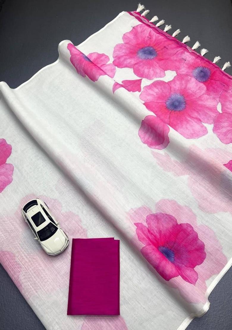 Off White Printed Linen Saree Set - Indya