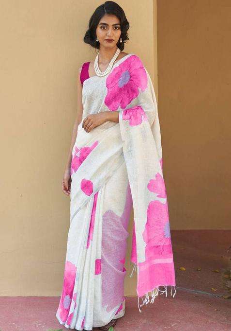 Off White Linen Saree Set with Printed for Diwali | Wedding & Festive Wear