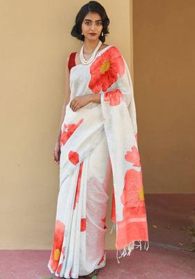 Off White Printed Linen Saree Set