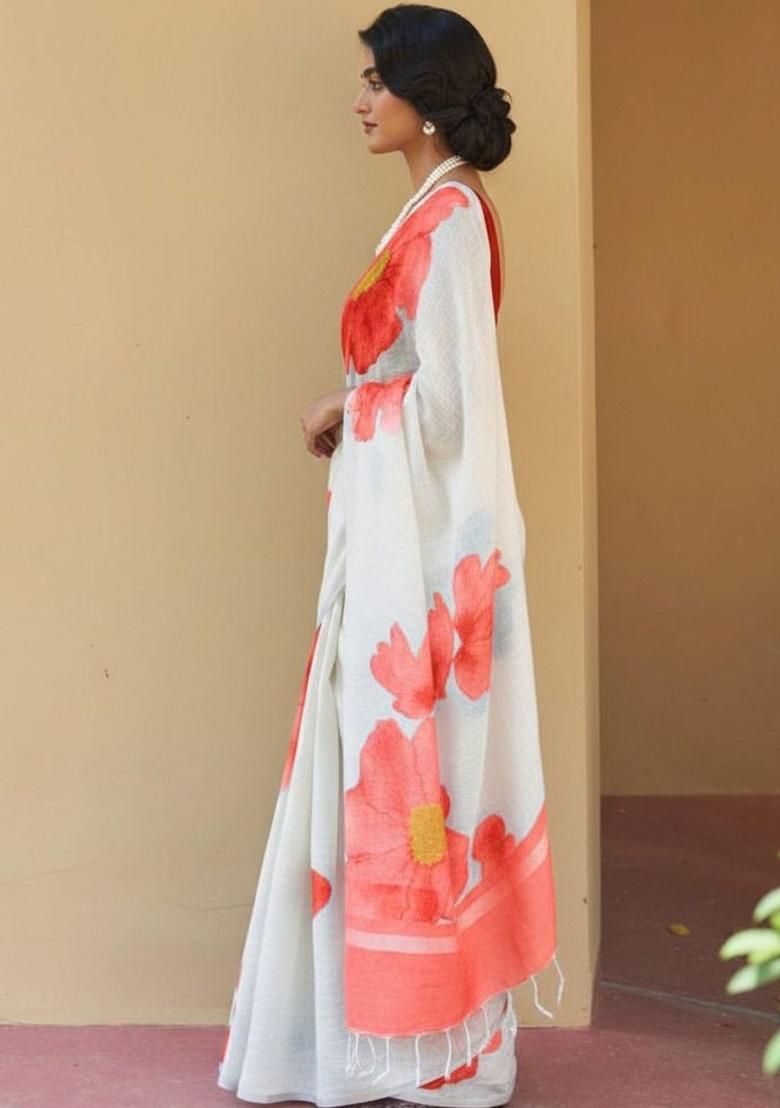 Off White Printed Linen Saree Set - Indya