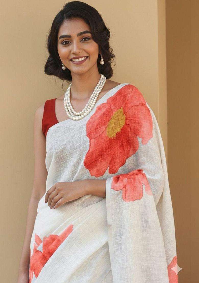 Off White Linen Saree Set with Printed for Diwali | Wedding & Festive Wear - Indya