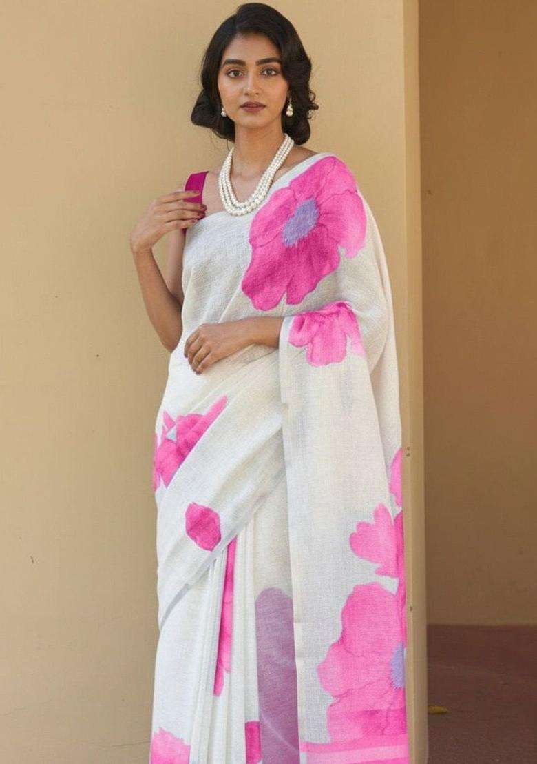 Off White Linen Saree Set with Printed for Diwali | Wedding & Festive Wear - Indya