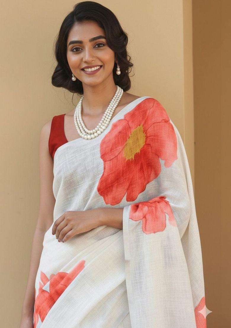 Off White Printed Linen Saree Set for Diwali and Festive Wear - Indya