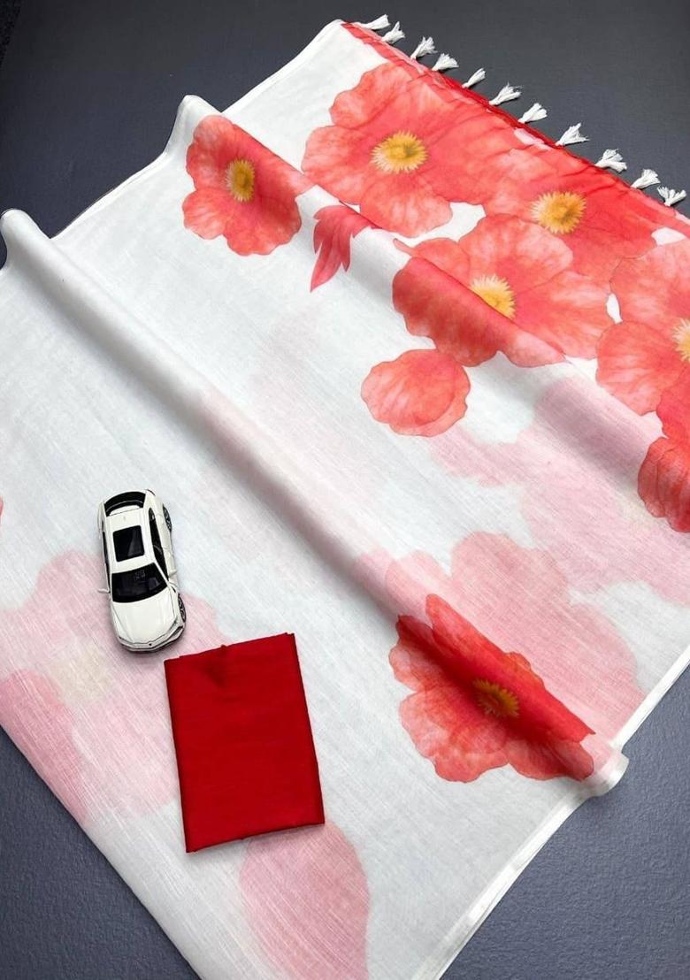 Off White Printed Linen Saree Set - Indya