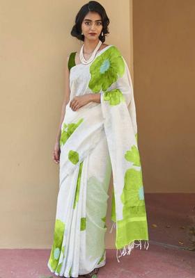 White Printed Linen Saree Set