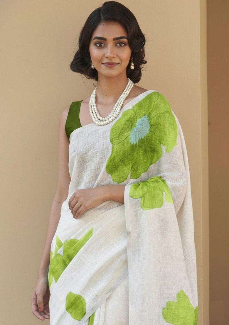 White Linen Saree Set with Printed for Diwali | Wedding & Festive Wear - Indya